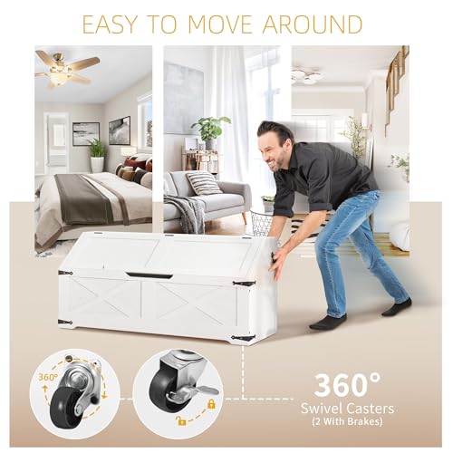 DWVO Storage Bench, Wood Storage Chest with 4 Wheels, 39.4'' Retro Shoe Bench with Safety Hinge, Sloped Design, Utility Organizer for Entryway, Bedroom, Living Room, White