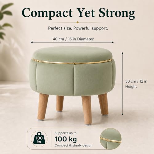 Image of Velvet Upholstered Round Ottoman Footstool | Anti-Slip Feet | Multipurpose Footrest, Step Stool & Vanity Seating & Decor | 40 x 30 cm (16 x 12 Inch) | Light Green