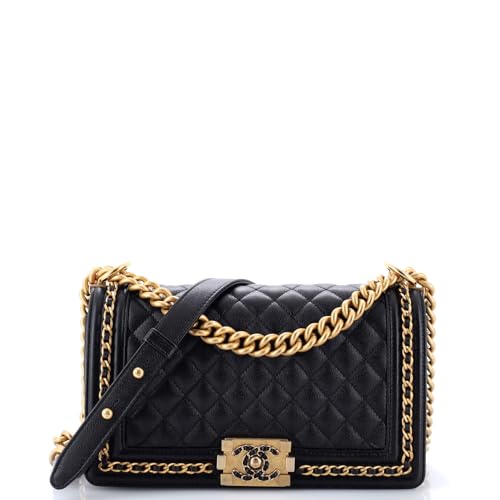 Pre-Loved Chain Around Boy Flap Bag Quilted Caviar Old Medium, Black