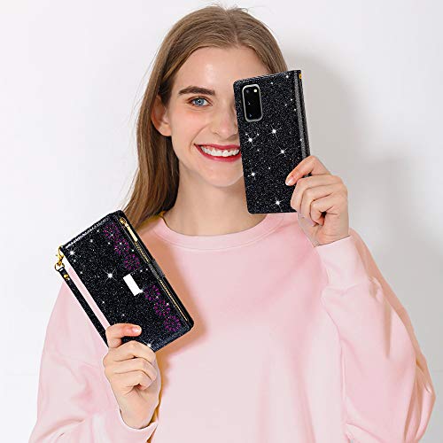 Galaxy S20 FE 5G Case Bling Wallet,Kudex [9 Card Slots] [Zipper Pocket] Glitter Leather Stand Flip Wallet Purse Handbag Case with Wrist Strap for Samsung Galaxy S20 FE/S20 Lite 6.5Inch(Black) - Thumbnail 4