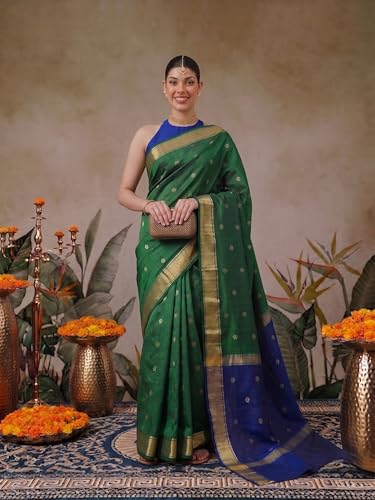 Image of Flosive inchRoyal Tradition Green Banarasi Jacquard Cotton Saree with Golden Zari Border inch