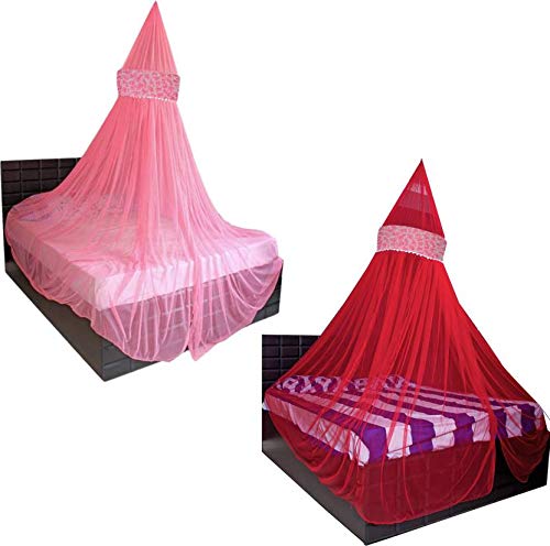 Creative Textiles Ceiling Hanging Mosquito Net I Machardani for Double Bed King Size I Polyster Canopy Circular Curtain for Bedroom I Keeps Away Insects and Flies - Pink+Red