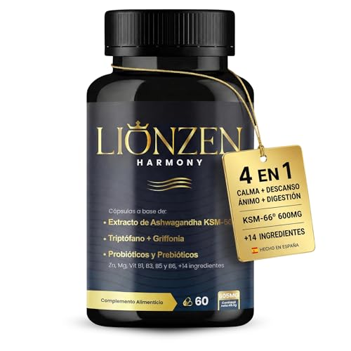 Ashwagandha KSM-66® 600mg | 4 en 1: Calma, Descanso, Ánimo y Digestión | Apoyo Estrés y Cortisol | +14 Ingredientes con Triptófano, Magnesio, Griffonia, Probióticos y Prebióticos | LIONZEN HARMONY