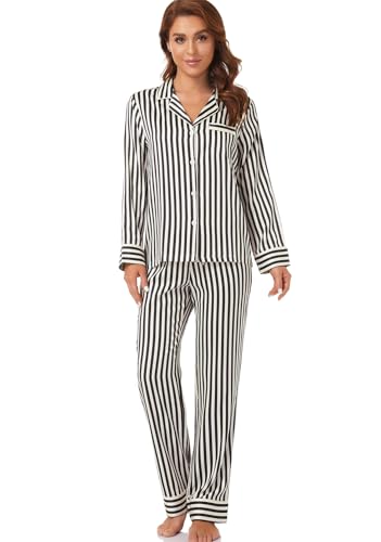 Image of Serenedelicacy Women's Satin Pajama Set Long Sleeve Button Down Sleepwear 2-Piece Silky Pj Set