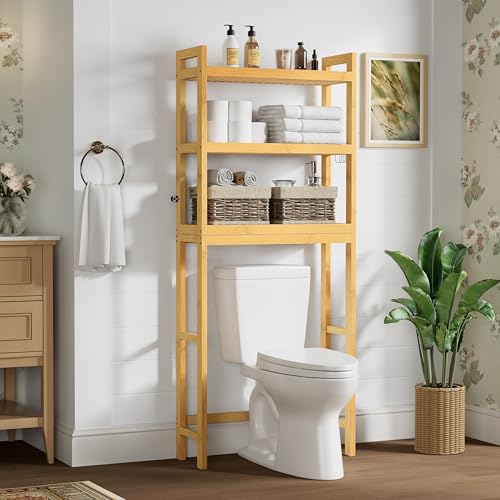 Smiry Over The Toilet Storage Cabinet, 3-Tier Bamboo Bathroom Organizers with Adjustable Shelf & 4 Hooks, Space Saving Shelf Rack for Bathrooms, Laundry Room, Balcony, Natural Smiry Over The Toilet Storage Cabinet, 3-Tier Bamboo Bathroom Organizers with Adjustable Shelf & 4 Hooks, Space Saving Shelf Rack for Bathrooms, Laundry Room, Balcony, Natural