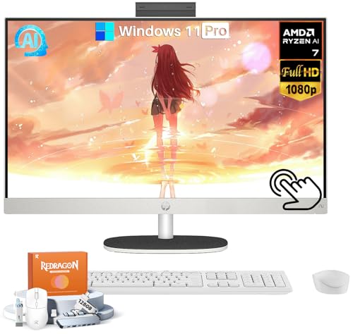 Image of HP 27 inch All-in-One Touchscreen Desktop Computer, AMD Ryzen AI 7 350 (8-Core, Up to 5 GHz), 64 GB DDR5-5600 MHz, 4 TB NVMe SSD, FHD IPS Display, Copilot+ PC, Wi-Fi 6 & BT 5.4, Win 11 Pro, Accessories