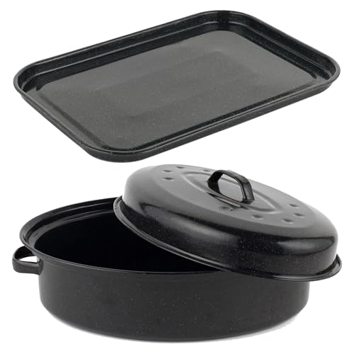 Salter COMBO-9149 Baking Tray & Roaster Set - Vitreous Enamel Coated Steel Self-Basting Roasting Tin with Lid, Flat Oven Pan, Large Cookie Sheet, PFAS-Free, Oval Cooking Dish, Dishwasher Safe, Black
