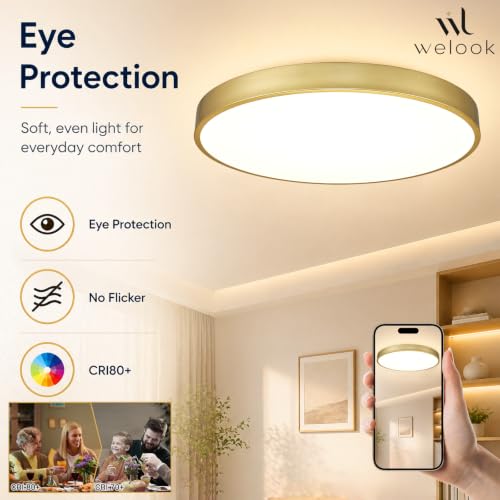 24 Inch LED Flush Mount Ceiling Light, 48W 5CCT Dimmable Ceiling Light Fixture, Modern Low Profile Gold Kitchen Ceiling Light for Bedroom, Living Room, Hallway by Generic - Used condition - Image 7
