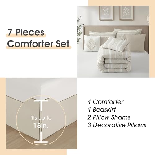 Image of LANCO MODERN LIFESTYLE 7 Piece Queen Comforter Set, Beige, Elegant Jacquard with Patchwork, Stylish and Cozy Bedding Collection, Premium Bedding Set with Bedskirt, Shams and Pillows