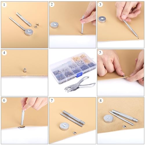 360 Sets Leather Rivets Kit, Double Cap Rivet Tubular in 3 Sizes, Leather Buttons Rivets with Punch Pliers and 3 Piece Fixing Tool for DIY Leather Crafts, Clothes, Bag Belt Repairs or Decoration
