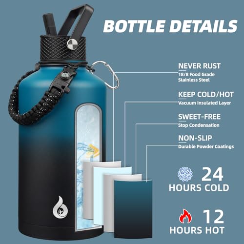 Image of BJPKPK 2 /3 Gallon Water Bottle with Straw Lid, 87oz Large, Stainless Steel Water Bottles with 3 Lids and Paracord Strap, Double Wall Vacuum Metal Jug, Blue & Black