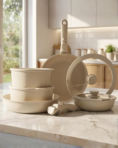 BAVARY Batería De Cocina 11 Piezas Mango Extraíble: Juego De Ollas Y Cacerolas De Cocina Inducción Antiadherente Con Tapas - Cazuelas Inducción, Ollas Cocina, Cazo Cocina - Apilable, Crema