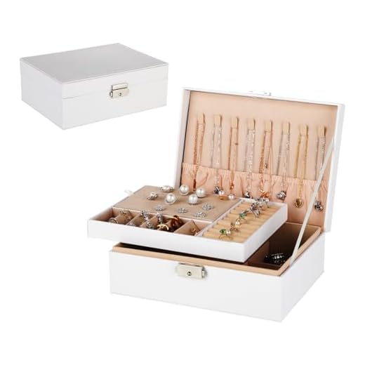 Hisdricus Joyeros Mujer, Joyero de Piel Sintética de Doble Capa, Organizador de Joyas con Cerradura y Llave, Adecuado para Anillos, Pendientes, Pulseras, Collares y Relojes (23x17x8,8cm) (Blanco)