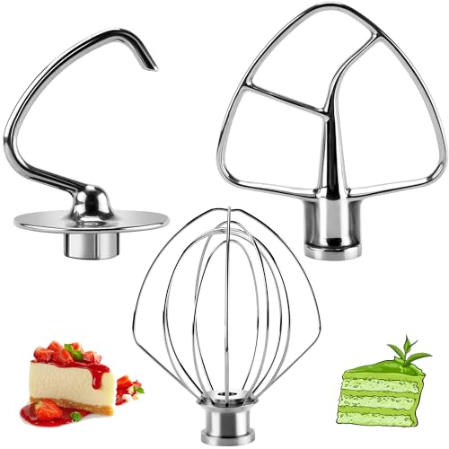Stainless Steel Kitchen Mixer Accessories K45DH Coated Dough Hook&Kitchen Mixer Attachments K45b Coated Flat Beater&K45WW Wire Whip Compatible for 4.5 QT Tilt-Head Stand Mixer-MIFLUS
