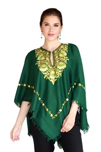 NOVICA Artisan Handmade Wool Poncho Kashmiri Chain Stitch Floral Embroidery Green Clothing Embroidered India ' Kashmiri Forest'