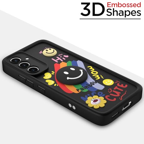 Image of Pikkme Back Cover for Samsung Galaxy S23 FE 5G | Soft Silicone| Cute Rainbow Smile & 3D Cartoon Flower Design | Shockproof Raised Camera Protection Bumper Case (Black)