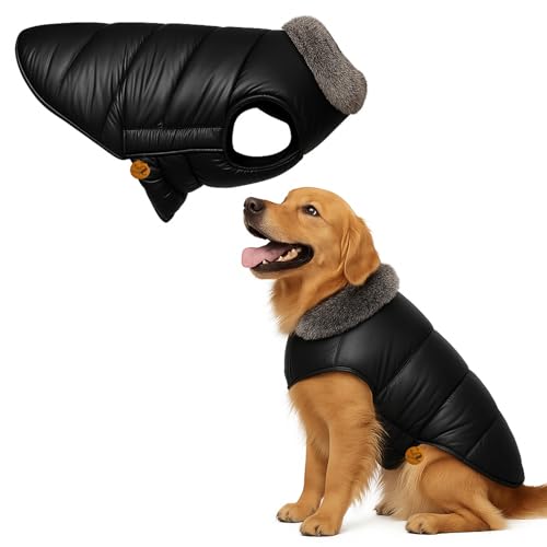 Sage Square Dog Winter Jacket Coat with Fur Collar, Light Weight, Ultra Warm Windproof, Waterproof Dog Jacket for Cold Weather, Thicker Fleece for Cold Weather (Black) (Medium - 20inch)