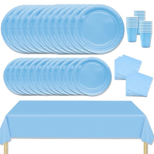MORAINJAY 69 Stück Partygeschirr Set,Seeblau Papiergeschirr Set,Geburtstag Party Geschirr Set mit Tischdecke Pappteller Servietten Becher,für Hochzeiten,Weihnachten Geburtstagsparty Deko-16 Gäste