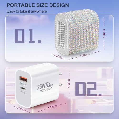 Image of Aolcev for iPhone Charger Fast Charging Bling USBA USB C Charging Block 30W | Rhinestones Type C Charger Blocks for iPhone 17 16 15 14 13 12 iPad Bling Fast USB C Adapter for Samsung S26 S25 S24 Colorful