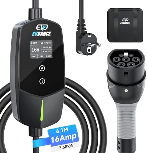 EVDANCE Typ 2 Ladekabel Schuko für Elektroauto & Hybrid | 3.68kW [1-phasig, 6.1m, 6-16A] Ladekabel Elektroauto mit 0-12h Zeitverzögerung, Schwarz