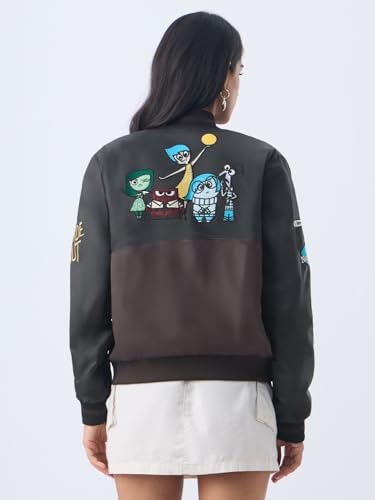 Image of The Souled Store Inside Out: Mixed Emotions Women and Girls Full Sleeves Spread Collar Dark Grey Graphic Printed Polyester Regular Fit Lightweight Bomber Jacket