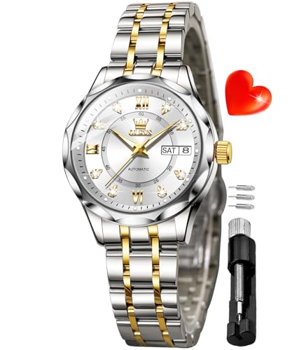 Image of OLEVS Womens Diamond Watches Automatic Mechanical Gold Luxury Dress Ladies Self Winding Original Stainless Steel Wrist Watch