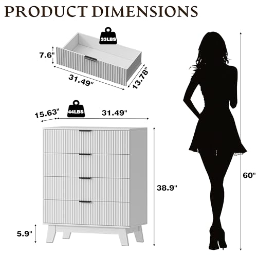 Image of BORNOON 39 inch Tall Dresser for Bedroom, 4-Drawer Fluted Chest of Drawers, Modern Wood Highboy with Deep Storage, Metal Slides & Handles, Anti-Tip Kit, Vertical Clothes Organizer for Apartment, Nursery