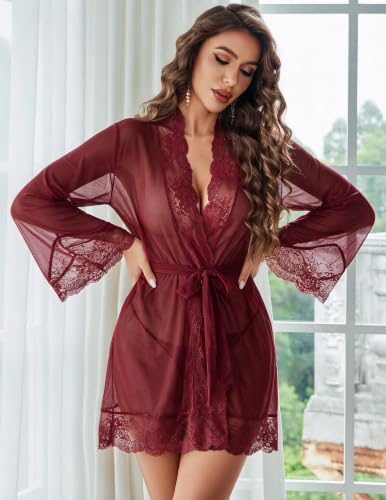 Image of Avidlove Women Lace Kimono Robe Sexy Lingerie Mesh Chemise Cover Up Sets