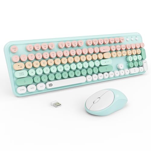 Image of Wireless Keyboards Mouse Combos, Colorful Cute Typewriter Full-Size Retro Round Keycaps, 2.4GHz Cordless Sleep Mode Office Quiet Wireless Keyboard and Mouse Set for Desktop Laptop PC Computer