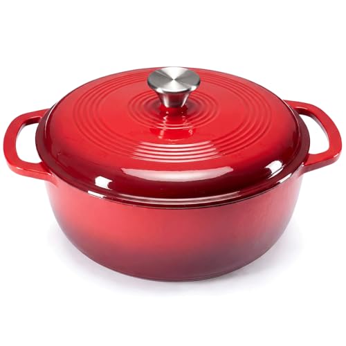 DUMOS Enamel Cast Iron Dutch Oven, 6 Quart Pot with Lid, Gradient Red