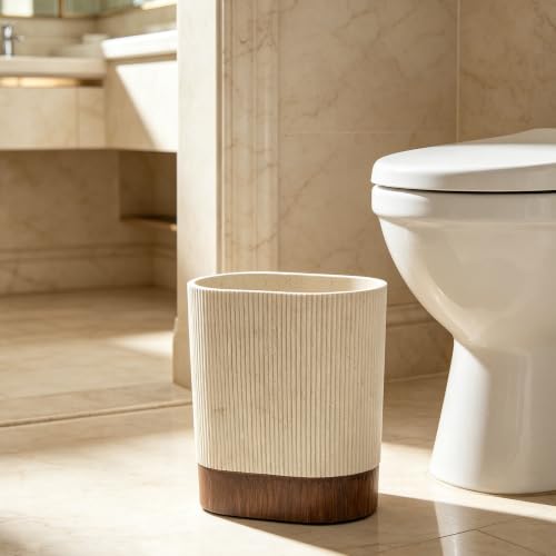 Image of Polytree Natural Travertine Match Wooden Bathroom Trash Can 1.8 Gallon(7 Liter) Small Kitchen Garbage Can,Living Room Bedroom Trash Can, Decor Wastebasket for Home Office (Handmade of Resin)