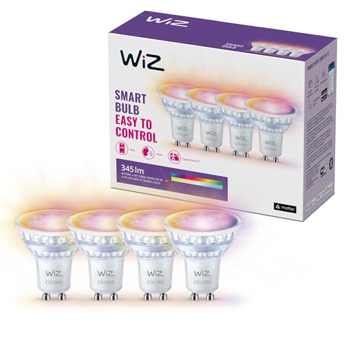 WiZ GU10 Smart LED Glass Bulb - Sostituzione GU10 da 50W, 16 milioni di colori + sfumature di bianco, Wi-Fi/Bluetooth, controllo vocale/App, funziona con Google Home, Alexa e HomeKit, 4 lampadine