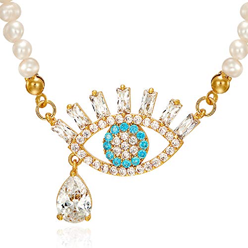 YorzAhar Valentine Gift Evil Eye Pendant Pearl Necklace Pearl Strands Necklace | Blue and White Cubic Zircon Evil Eye Pendant Chain|Women's Tear Pendant Pearl Necklace 18''y2k Neckalace for Women
