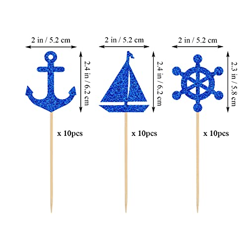 30Pcs Blue Glitter Nautical Cupcake Toppers Food Fruit Picks Cake Decoration For Ocean Theme Birthday Sailing Party Supplies #TOP1
