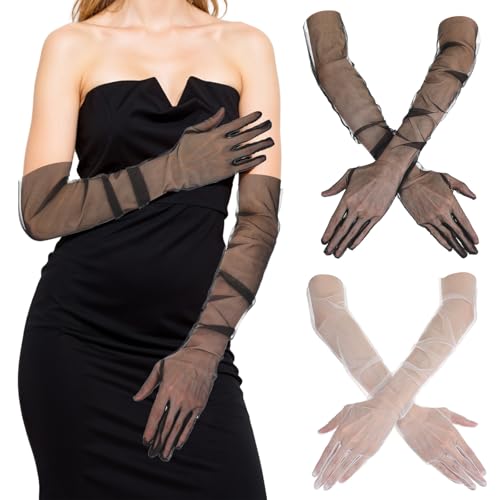 Women's Sheer Gloves Black and Long Gloves Stretchy Ruched Opera Glove, Mesh Tulle Dance Glove