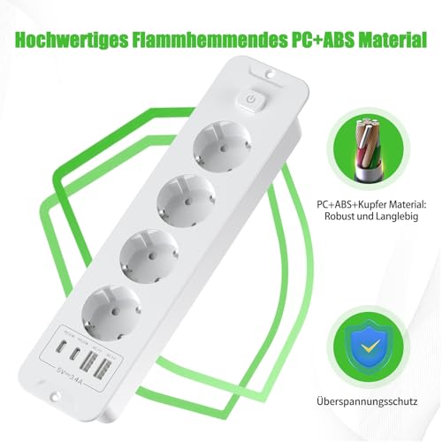Miniatura 4 de Toma De Empotrar Corriente Con 2 Usb Y 2 Type-C, 4 Tomas Enchufes Multiple Empotrada De Sobremesa Con Interruptor, Regleta De Enchufes Empotrada Con Cable De 2m Para Muebles De Encimera, Blanco