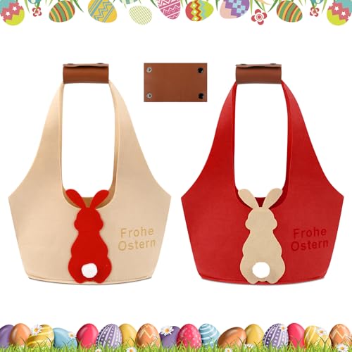 2 Stück Osterkörbchen Mit Henkel, Ostertüten zum Befüllen, Osterkorb Kinder für Geschenken Partyzubehör, Ostern Filztaschen Osterdeko Bastelsachen Deko (Braun+Rot)