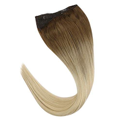 Fishing Line Hair Extensions Human Hair Medium Brown Ombre Bleach Blonde Real Human Hair #6/613 80g One Piece 14 inch