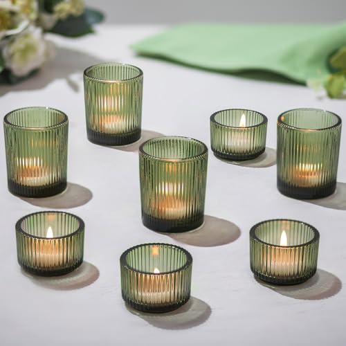 Hewory Glass Tealight Candle Holder: 8 PCS Green Votive Candle Holders Bulk