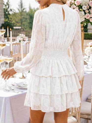 Image of Wenrine Womens Long Sleeve Lace Mini Dress Wedding Guest Dresses | Cut Out, High Waist, Ruffle Design, Tiered Smocked, Mesh, Layer, Button Back, Night Out, Fall Winter