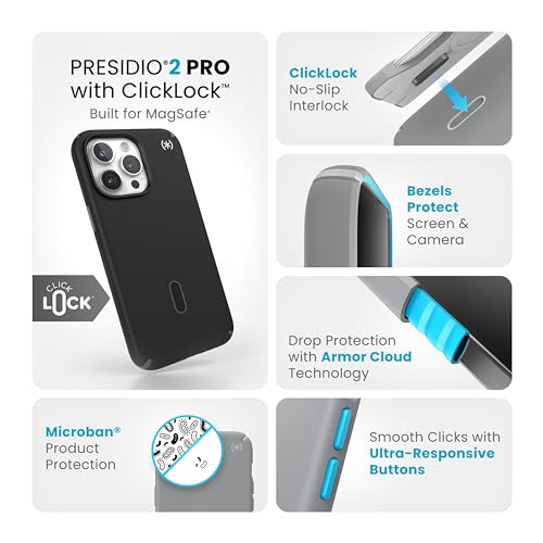 Speck iPhone 15 Pro Max Case - ClickLock No-Slip Interlock, Built for MagSafe, Drop Protection - Scratch Resistant, Soft Touch, 6.7 Inch Phone Case - Presidio2 Pro Black/Slate Grey/White - Image 2