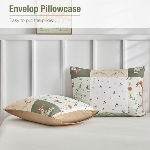 Image of Lekesky King Size Duvet Cover Set, Patchwork Floral 3 Pieces Reversible Green Duvet Cover Set, Ultra-Soft Microfiber 3 Pieces Comforter Cover with Zipper and Corner Ties, Includes 2 Pillowcases