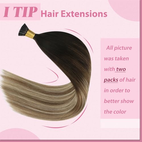 Image of YoungSee I Tip Extensions Dark Brown Ombre, Itip Human Hair Extensions, Balayage Dark Brown to Medium Browns with Blonde, Itip Hair Extension Real Human Hair, 14 Inch 70 Strands 50g, for Short Hair
