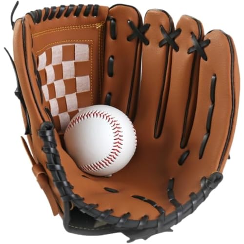 Negosu 野球グローブ ソフト ピッチャー 子供 ティーンエイジャー 大人 捕球 衝撃吸収パッド内蔵 初心者 内野用 厚手 (子供用 10.5インチ(約25cm)+ボール,ブラウン)