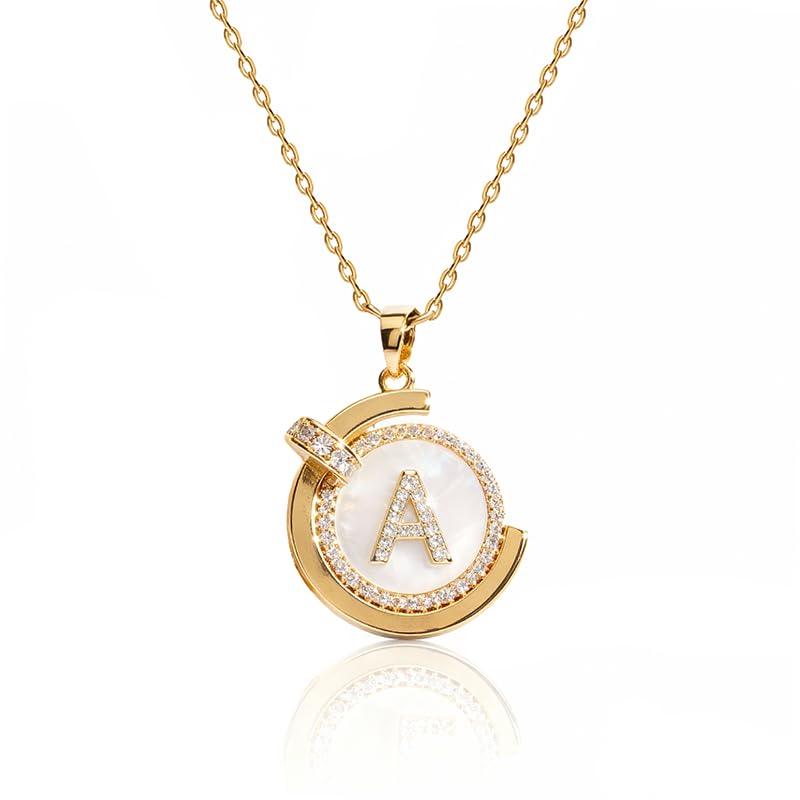 Initial Necklaces for Women 14K Gold Plated Letter Necklace Exquisite Pearl Necklaces Personalized Custom Name Necklace for Women Round Mother of Pearl Letter Pendant Sparkling Zircon Crystal Jewelry Women's Gold Jewelry Necklace Gift-A