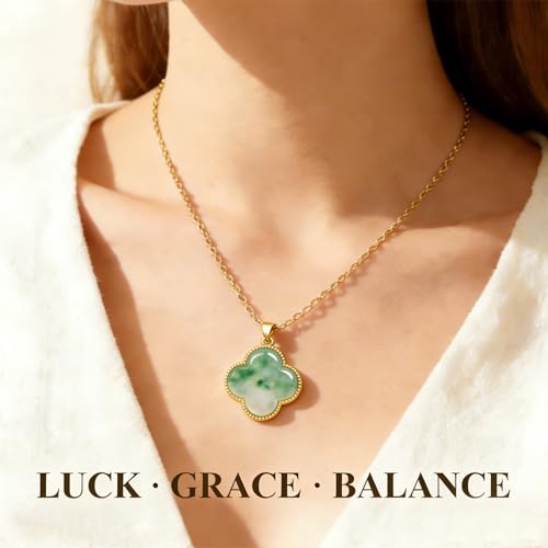 Four Leaf Clover Necklace for Women, Gold Plated Lucky Clover Green Jade Pendant Necklace, 4 Leaf Clover Necklace Mothers Day Gifts for Wife Lover - Image 3