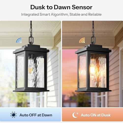 Image of Gleamz Dusk to Dawn Outdoor Pendant Lights for Porch with Water Glass | Black Waterproof Aluminum Hanging Porch Light with Adjustable Chain, Outside Chandelier for Porch, Patio, Driveway, 1 Pack