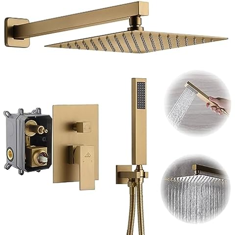 CASAINC 10 Inch Rain Shower Head with Handheld Spray, Wall Mounted Shower Valve and Trim Kit Luxury Shower Faucets Sets Complete Dual Shower Heads Shower System (Brushed Gold) Cover