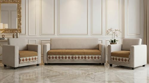 Image of Velvet Quilted Sofa Cover Mat Seat & Back, 3+1+1 Set, Total L115in H32in (3+1+1), Gold Color,Anti Skid Backing, 6in Hanging Strap Design, Washable Soft, Ant, Style -Gold-S311