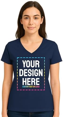 Personalized Women's V-Neck T-Shirt – Custom Image & Text, Design Your Own Front & Back Print, Customizable Tee Gift (US, Alpha,Small, Regular, Regular, 1 Pack, Navy Blue)
